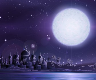 Ancient city under full moon