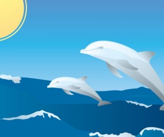 Dolphin Vector Illustration with Ocean and Sun