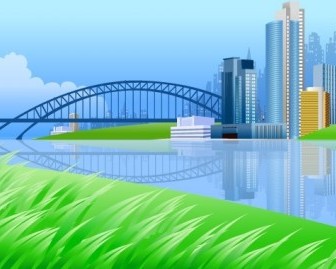 Vector City On River Side With A Bridge Vector Art