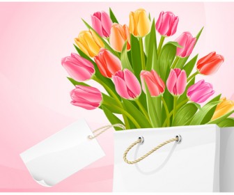 Bouquet of tulip flowers in the white bag